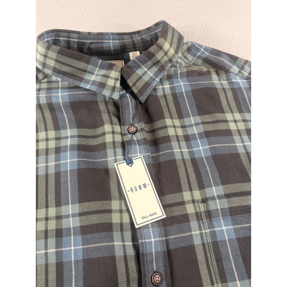 ROWM Tall Man Plaid Flannel Shirt Blue Green Grey 100% Cotton 2XT NWT - Picture 1 of 12